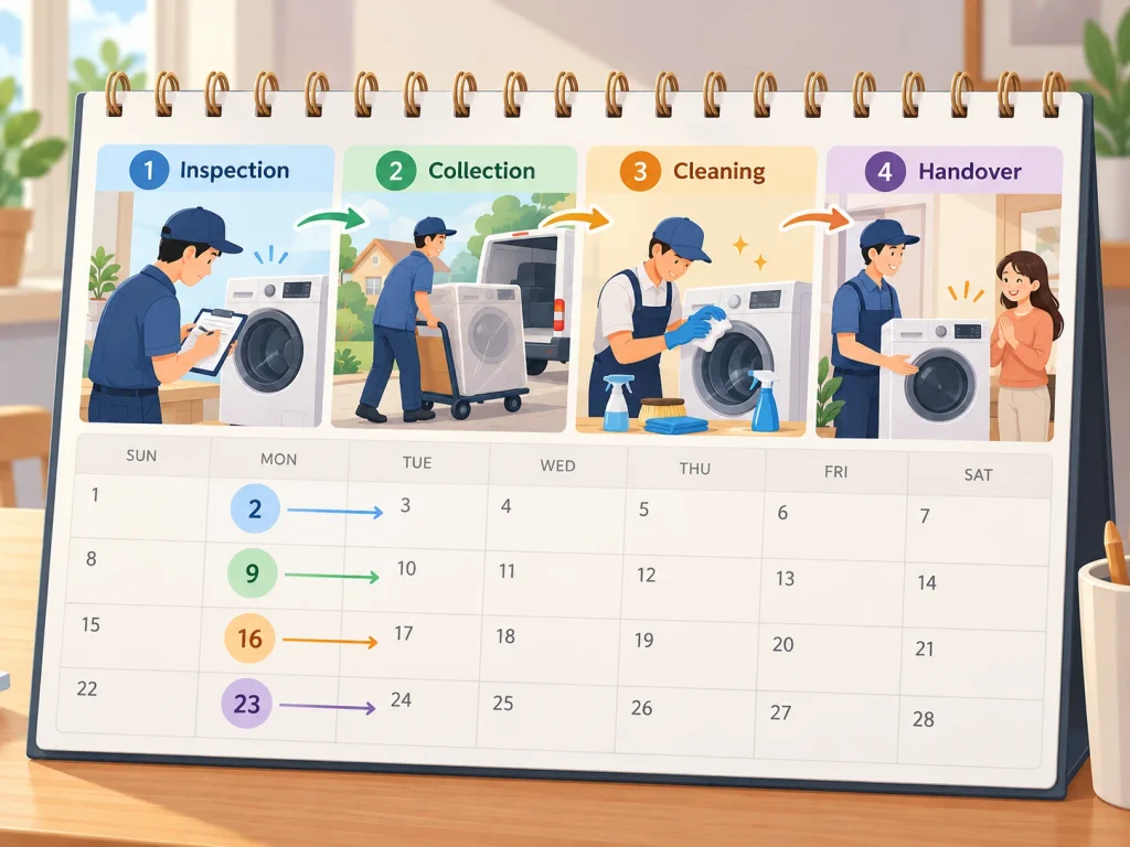 an original calendar illustration showing inspection, collection, cleaning and handover.